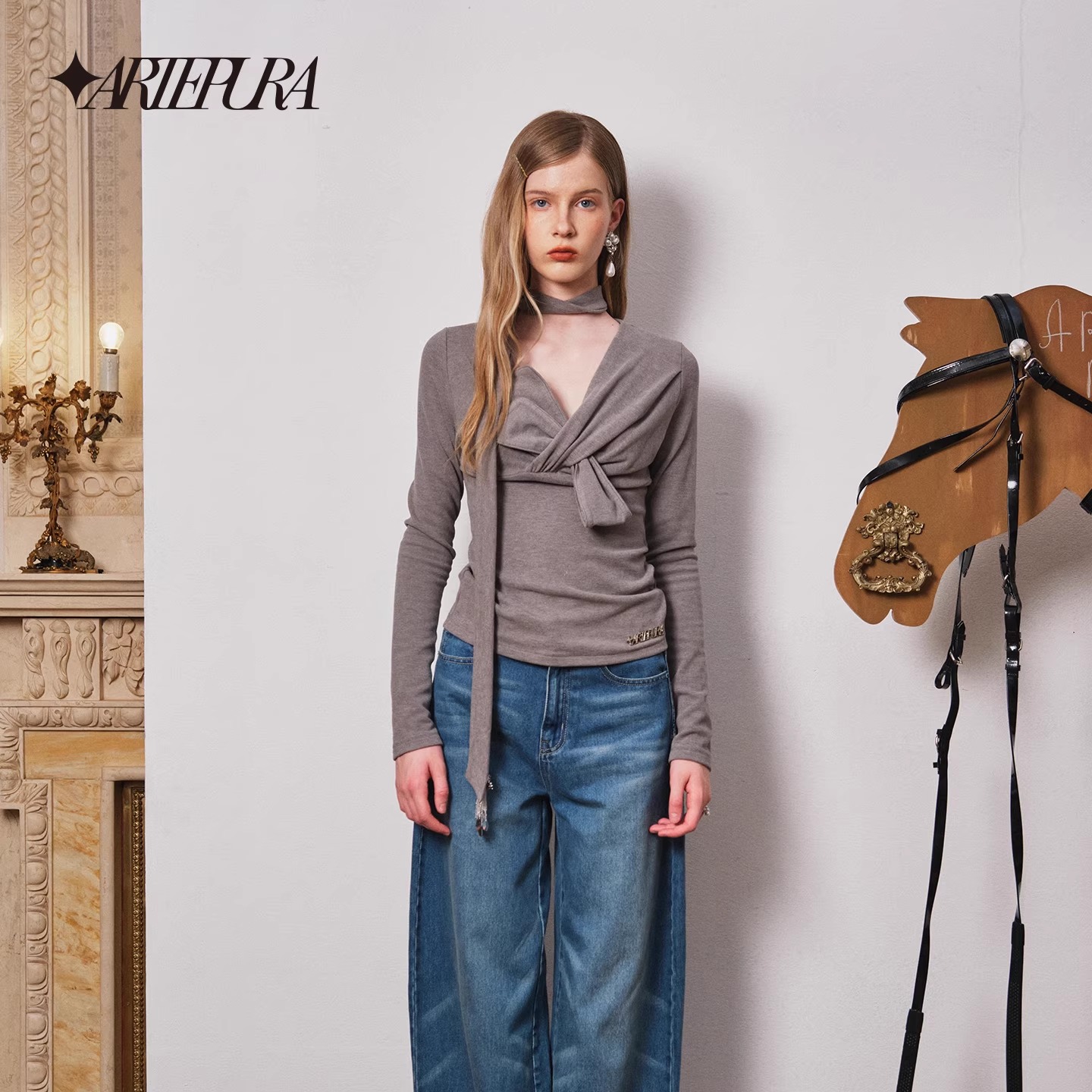 【折】ARTE PURA新品飘带装饰扭结德绒打底上衣女修身高级感