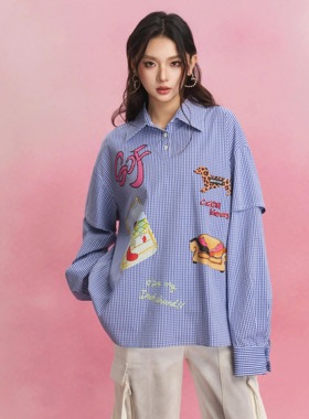 SOFITTE 25ss 蓝色格纹趣味印花假两件衬衫喷墨绑带多口袋工装裤