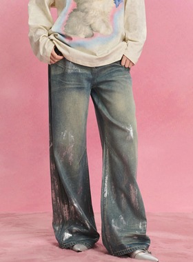 SOFITTE 25ss 蓝色复古水洗烫银宽松阔腿牛仔长裤