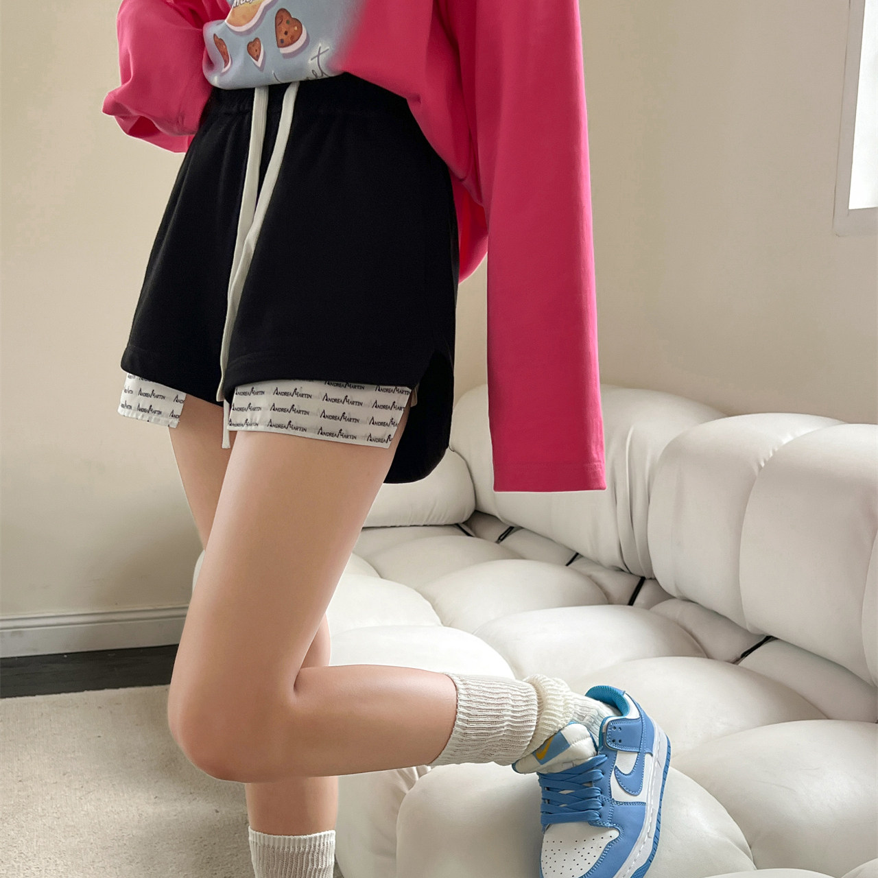 andrea martin23春夏新款黑色抽绳短裤百搭高级木兰