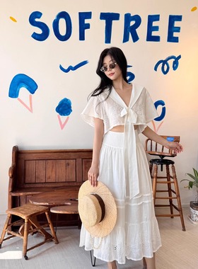 ESTER HSU 25SS 苎麻绣花海军领套头衬衫苎麻绣花褶皱半身裙