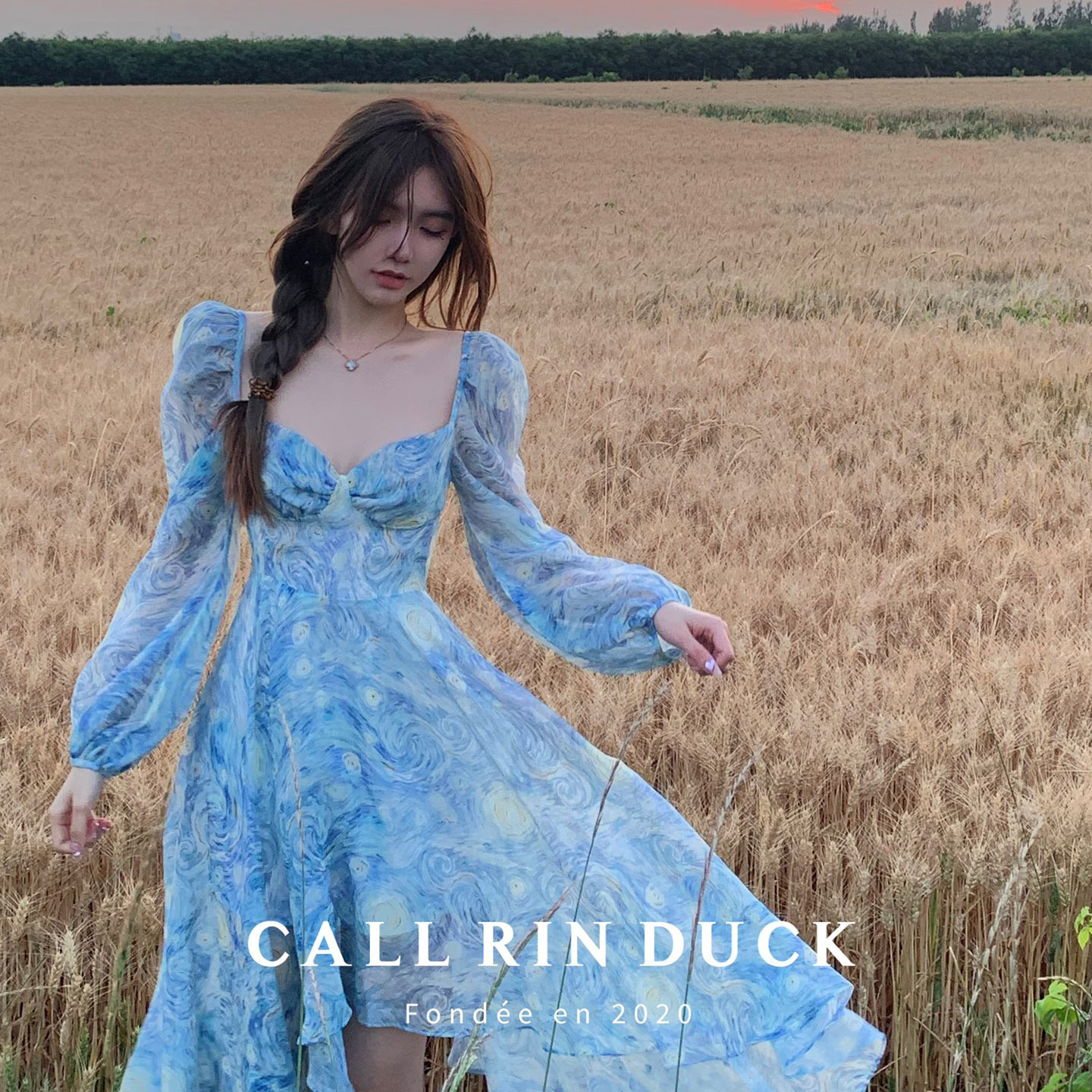 callrinduck 2r春夏梵高的星空花长连衣裙后背蝴蝶结