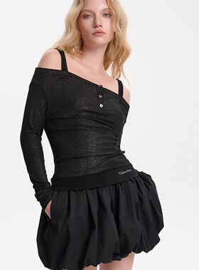 Three Quarters25SS 黑色闪粉假两件T恤 抽绳花苞裤裙套装