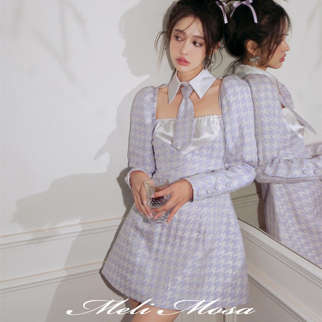 melimosa 2023ss春夏新款 富家大小姐 千鸟格连衣裙