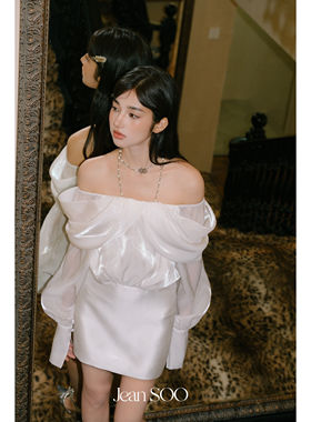 Jean SOO 方寸星河波光荡领一字肩抹胸高腰连衣裙