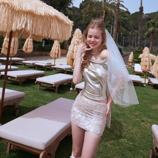 挂脖复古荡领系带上衣 25SS 亮片贝母包臀低腰迷你半裙 PURA MIN