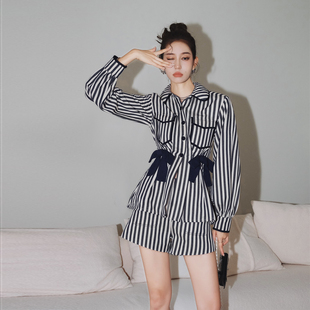 藏青条纹外套上衣短裤 Wester秋冬条纹套装 Masion 套装 折