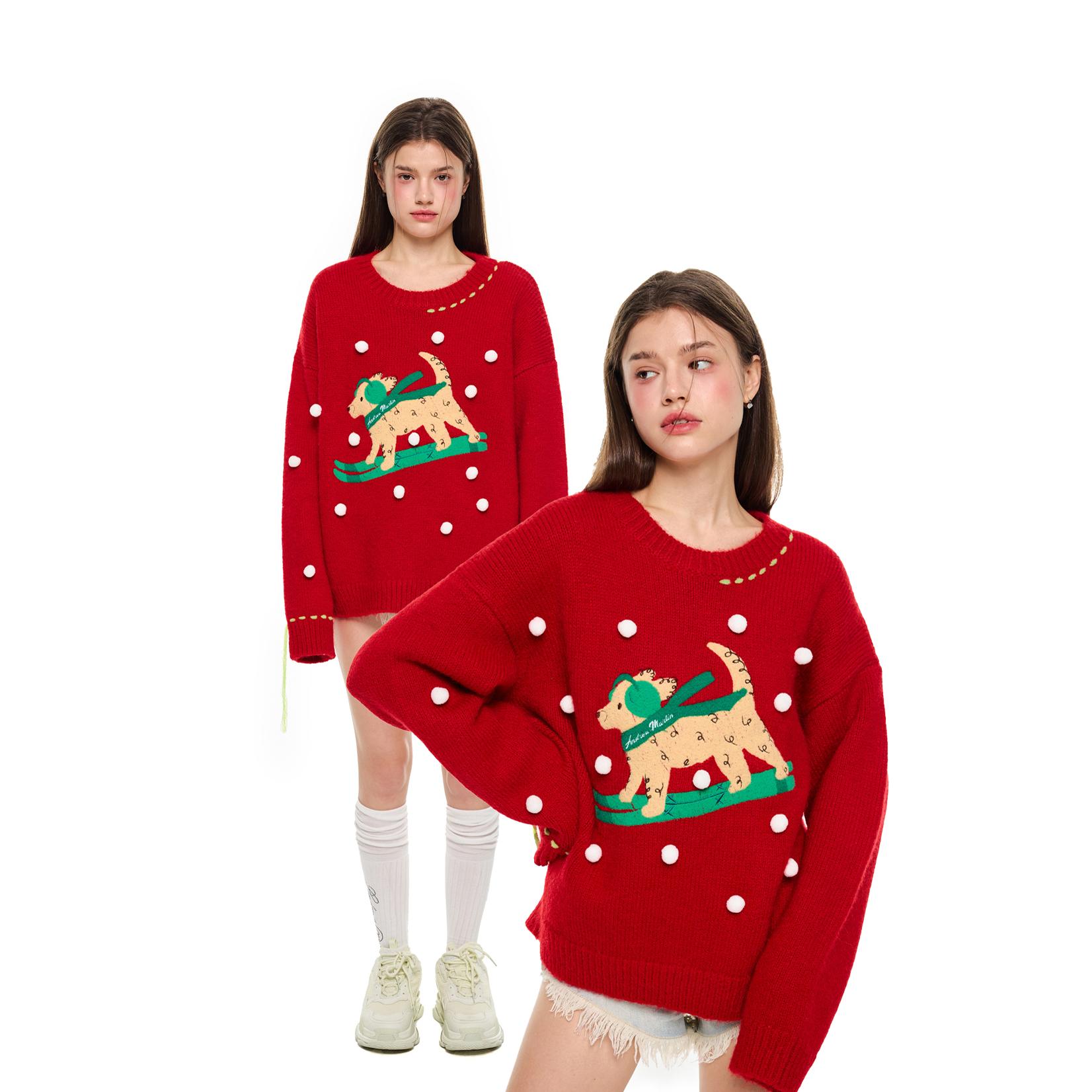 Andrea Martin 24秋季新款 红色滑板小狗套头衫毛衣