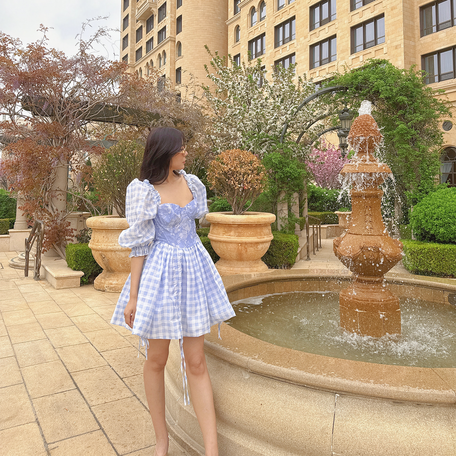 【折】Selkie collection 方格印花天青白月季印花短款迷你连衣裙