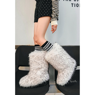 SHOESZOOO2025新款冬季女鞋加绒保暖厚底毛毛雪地靴时装长筒靴女