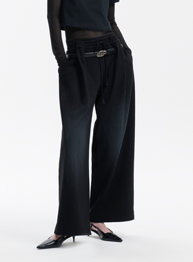 Three Quarters 25SS黑色立体捏褶喷色阔腿卫裤春季新品休闲裤