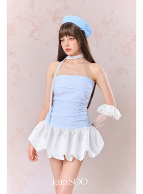 Jean SOO 25SS  雾蓝雪山条纹抽褶收腰缎面花苞抹胸 裙