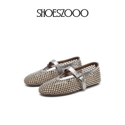 SHOESZOOO浅口水钻网纱单鞋女夏季平底芭蕾鞋镂空凉鞋软底渔网鞋
