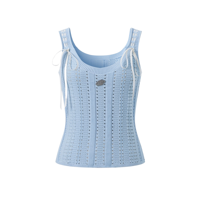 Three Quarters 24新蓝色蝴蝶结镂空毛织背心花边芭蕾半身裙木兰