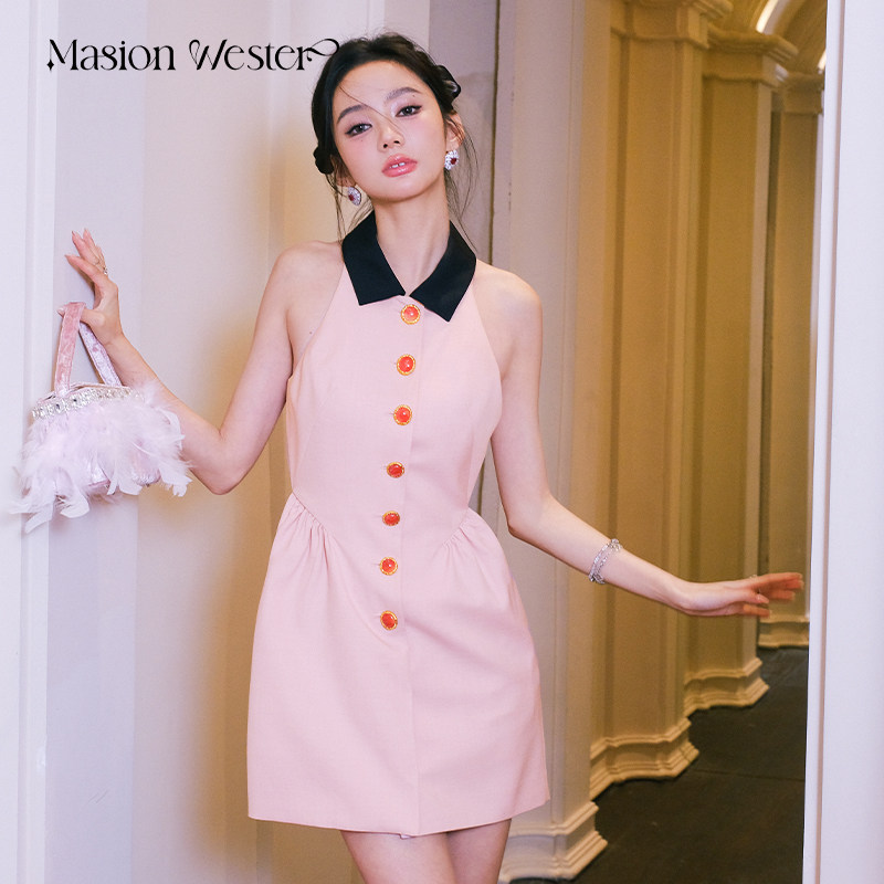 【折`】MasionWester新女装蜜糖粉设计感黑领无袖露背收腰连衣裙