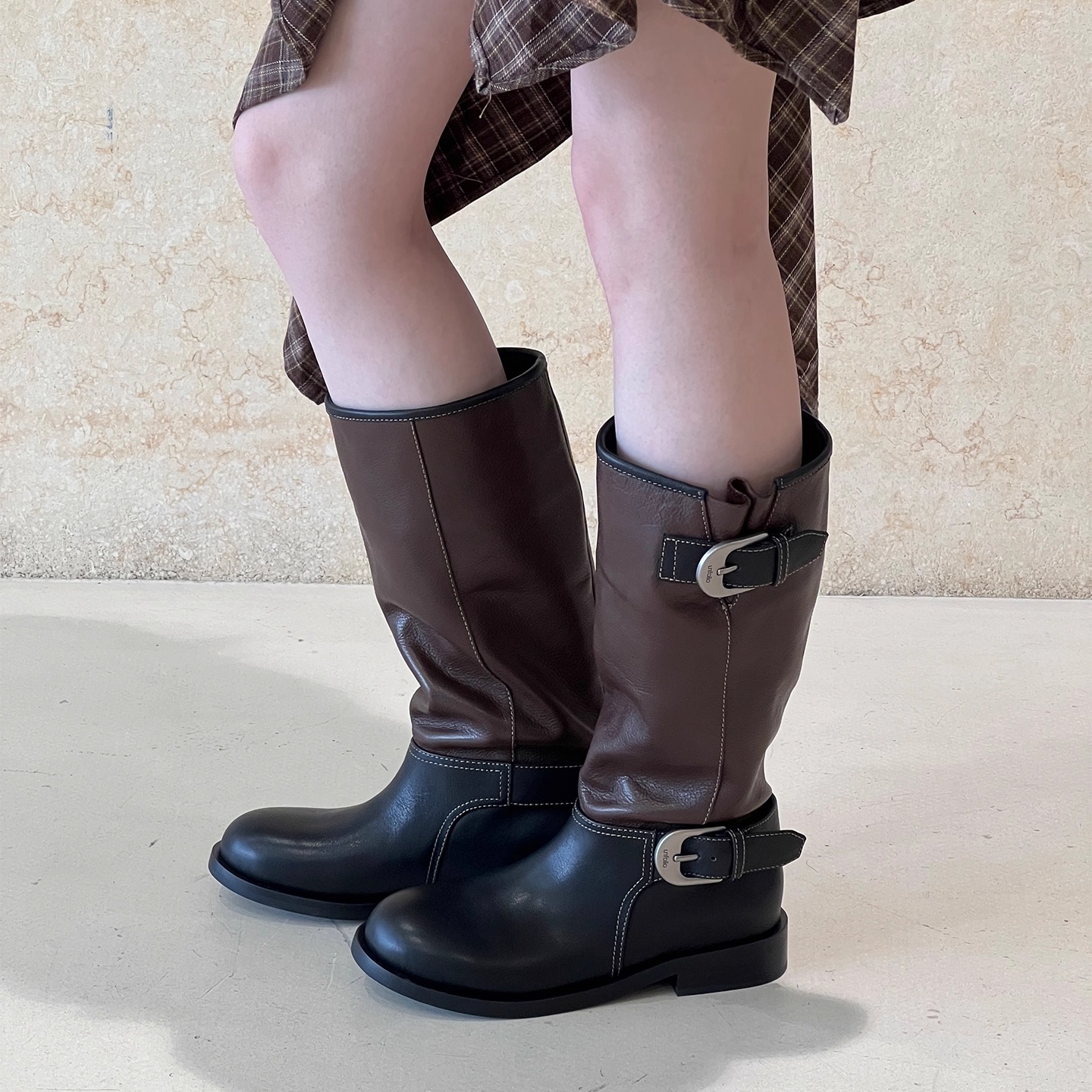 unfolio25款金属搭扣长筒堆堆靴麂皮圆头中筒靴两穿靴子女