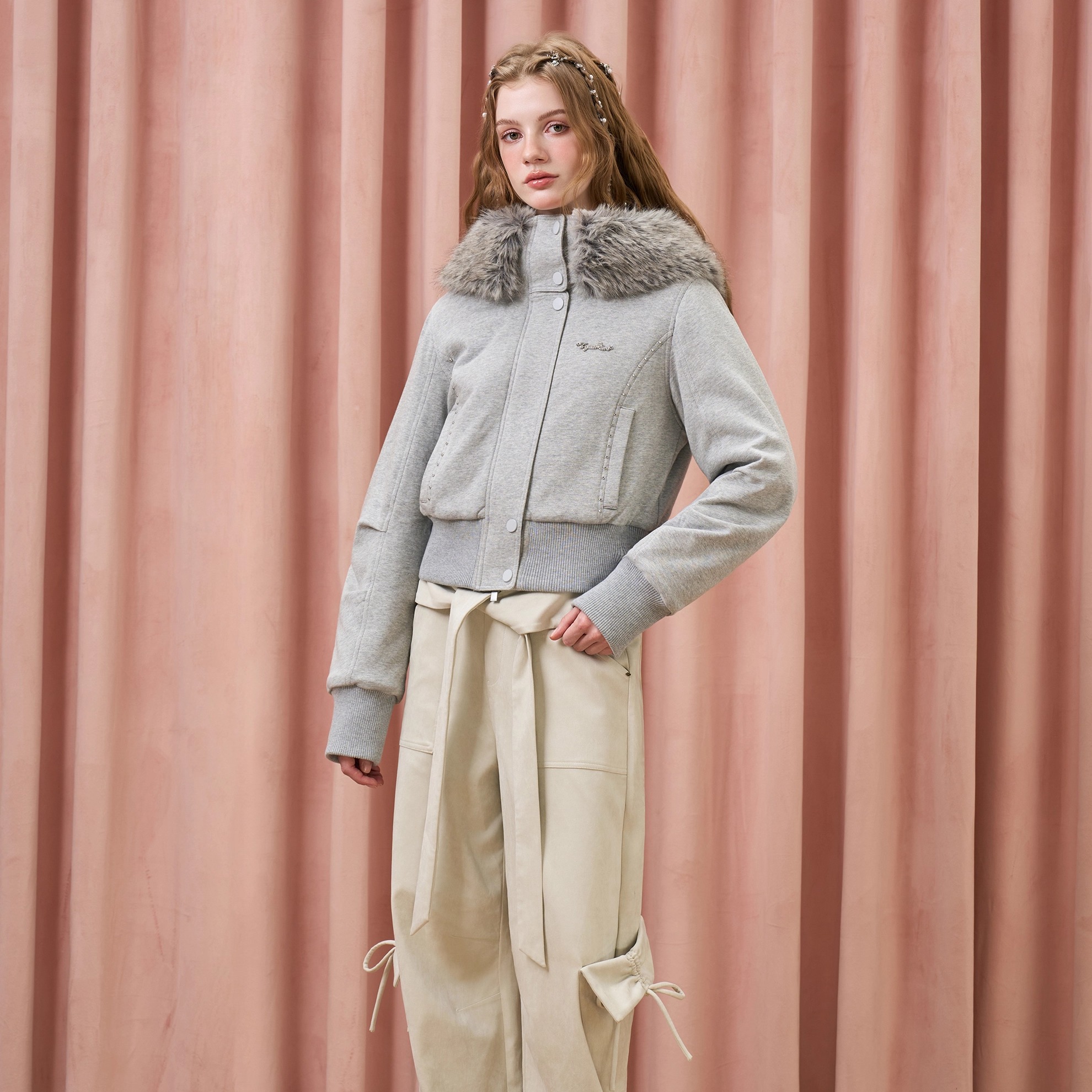 Three Quarters 25AW 灰色毛绒内里弯 刀袖型连帽加厚 卫衣