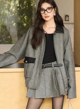 Three Quarters24秋季深灰色拼皮工装复古夹克外套腰带蓬蓬短裙