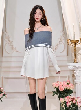 Three Quarters 25AW 黑色一字肩针织拼接衬衫连衣裙