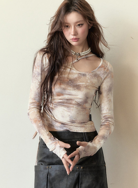 【折】VIAPITTI渲染花色设计感抽绳系带长袖T恤铆钉pu皮裙短裙