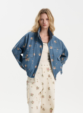 【明星同款】Three Quarters 25SS蓝色牛仔碎花立领夹克外套