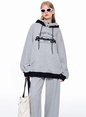 Andrea Martin24秋季灰色假两件分割口袋卫衣logo贴布绣长裤