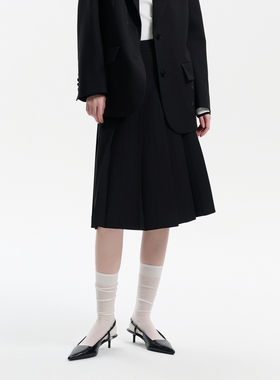 Three Quarters 25SS黑色可拆卸口袋百褶裙春季新款中长款半身裙