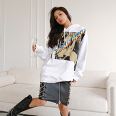 General白色摇滚连帽卫衣仿皮拼接别针包臀裙2R Lost 折