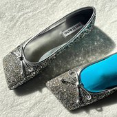 lost echo闪片银色斜方头蝴蝶结平底芭蕾舞鞋 明星同款 浅口单鞋