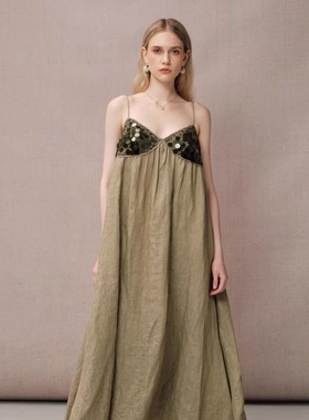 Diana Vevina 25SS早春新款 绿色亚麻亮片拼接连衣裙
