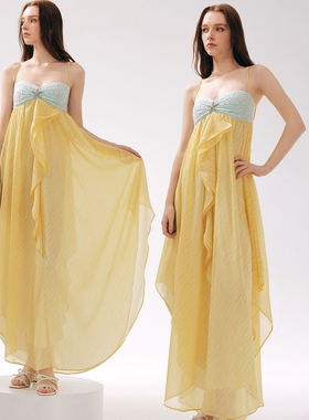 MOOD X MIURA 25SS 黄色雪纺海星钻饰露背连衣裙