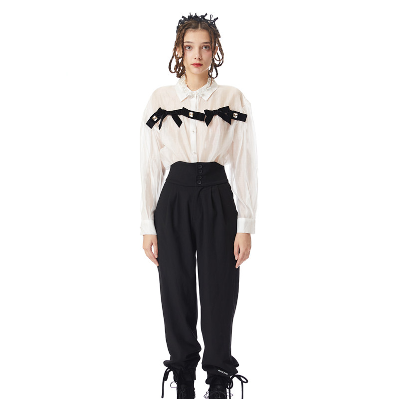 【折】ARTE PURA白色蝴蝶结带钻衬衫黑色高腰系带萝卜裤