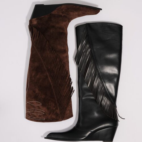 【明星同款】lost in echo2025早秋新款 尖头坡跟流苏长筒靴