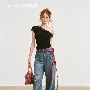 【折】SOMESOWE 斜肩荡领假两件短袖上衣海岛度假风系带长裤