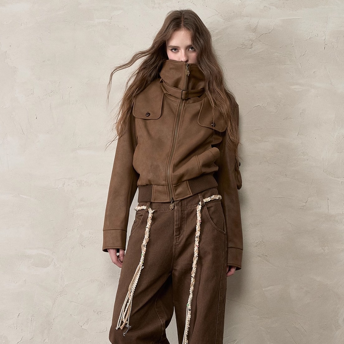 VIAPITTI 25AW 高级感短款拼接PU皮衣外套美式水洗做旧复古阔腿裤