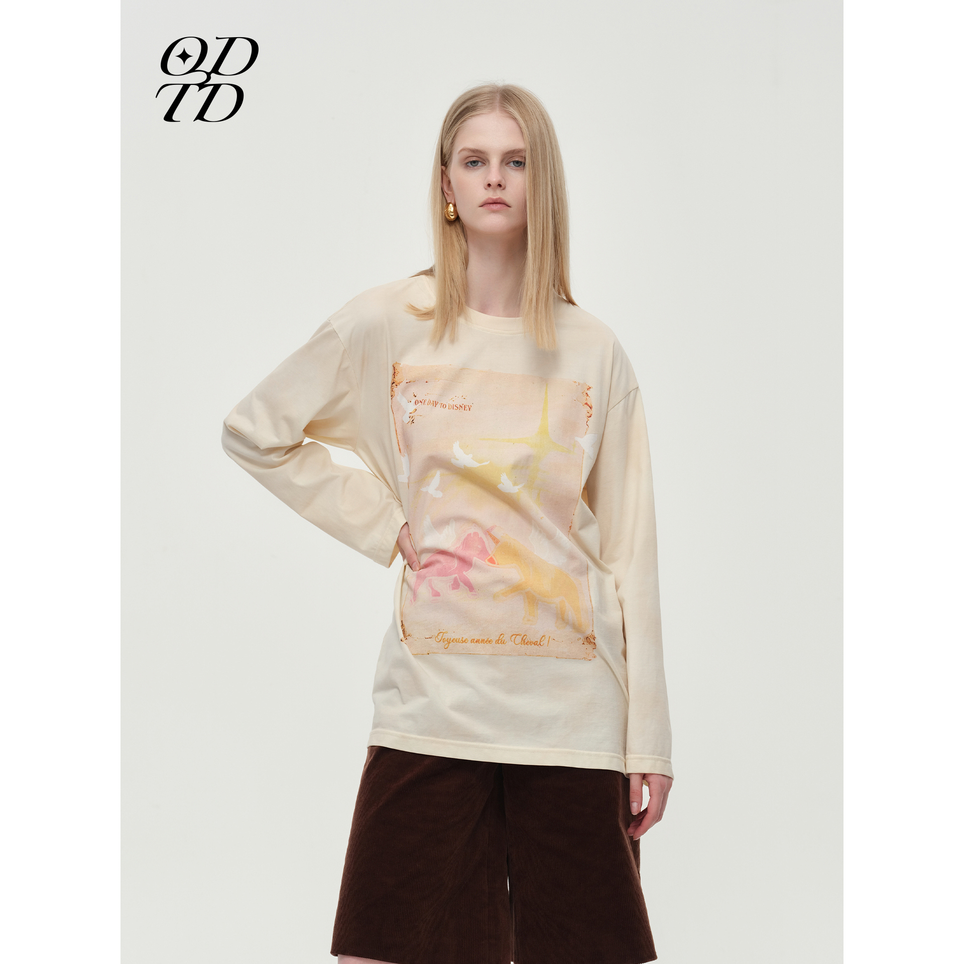 【设计师女装】ODTD25冬季胶囊渐变做旧印花宽松长袖T恤上衣休闲