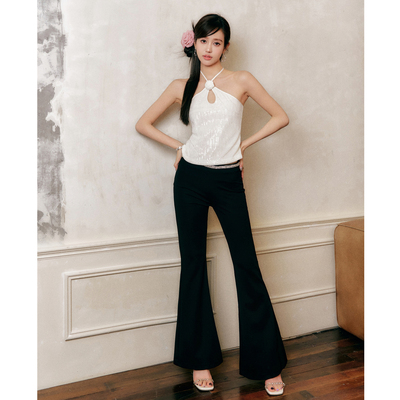 Three Quarters 24新花朵亮片挂脖吊带露腰针织微喇长裤木兰合集