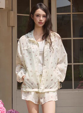 Three Quarters25SS 淡黄色碎花户外防晒连帽外套防晒短裤