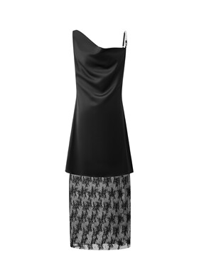 Three Quarters25AW 黑色吊带钻链缎面蕾丝连衣裙