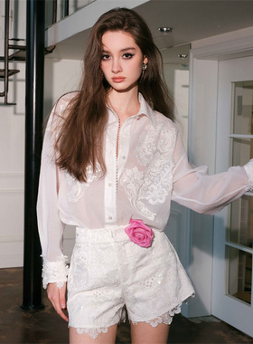 【折S】ROCHA ROMA新款法式钉珠蕾丝衬衫白色蕾丝短裤