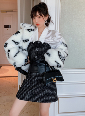 【折】Cottia官方旗舰店秋冬新名媛气质黑白小香抹胸小A裙