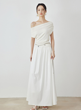 MOOD X MIURA 2024夏季新款白色褶皱长款拼接连衣裙百搭木兰