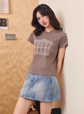 Three Quarters25SS 建筑图案烫银短款短袖T恤 牛仔半身裙