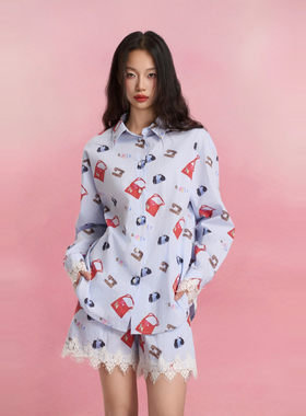 SOFITTE 25ss 满印包包蓝色条纹蕾丝花边衬衫蕾丝花边短裤