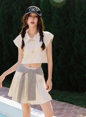 MOOD X MIURA 2024夏季杏色糖果扣装饰无袖上衣百褶半裙木兰合集