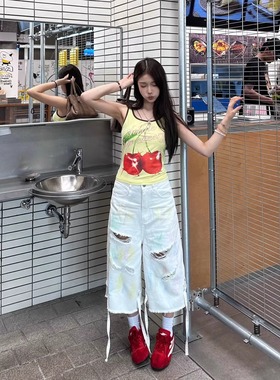 SOFITTE 25SS春夏新款 白色破洞彩色涂鸦宽松牛仔七分裤