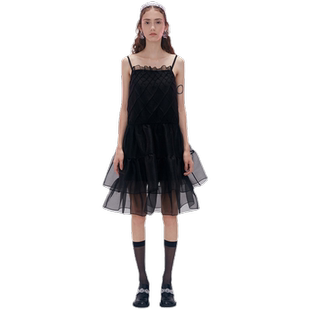 【折XS】ESTER HSU 时尚甜美粉色黑色网格泡泡纱吊带连衣裙