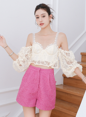 For Love and Lemons 2R春夏鹅黄色浪漫吊带蕾丝上衣百搭