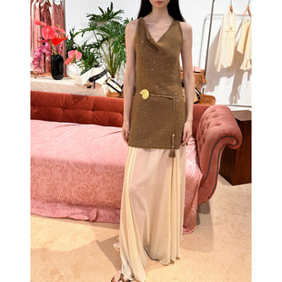 XU ZHI 26新品 亚麻混纺珠片纱荡领背心针织连衣裙(附内搭半裙)