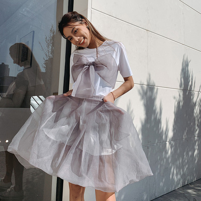 【折】设计师deepmoss 新款欧根纱花结T恤蝴蝶结轻盈短长裤木兰